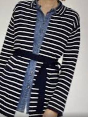 Talbots Striped Navy and White Knit Belted Cardigan Sweater